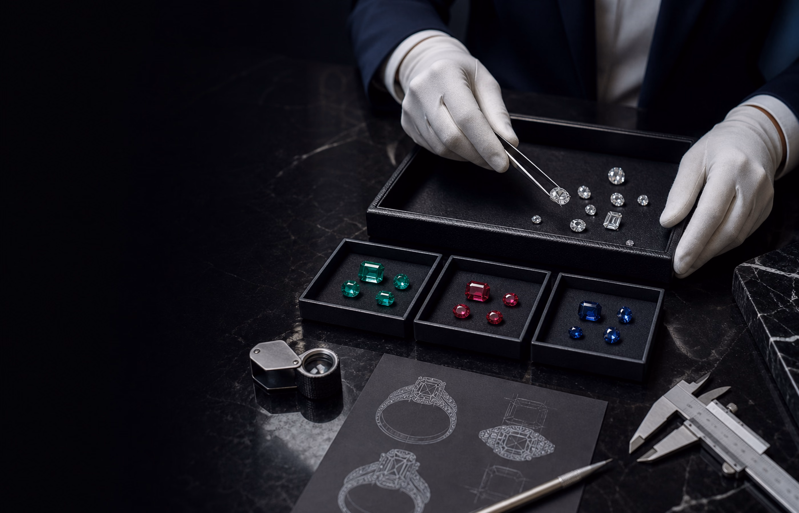 Private jewelry consultation table with stones, drawings, and precise tools.