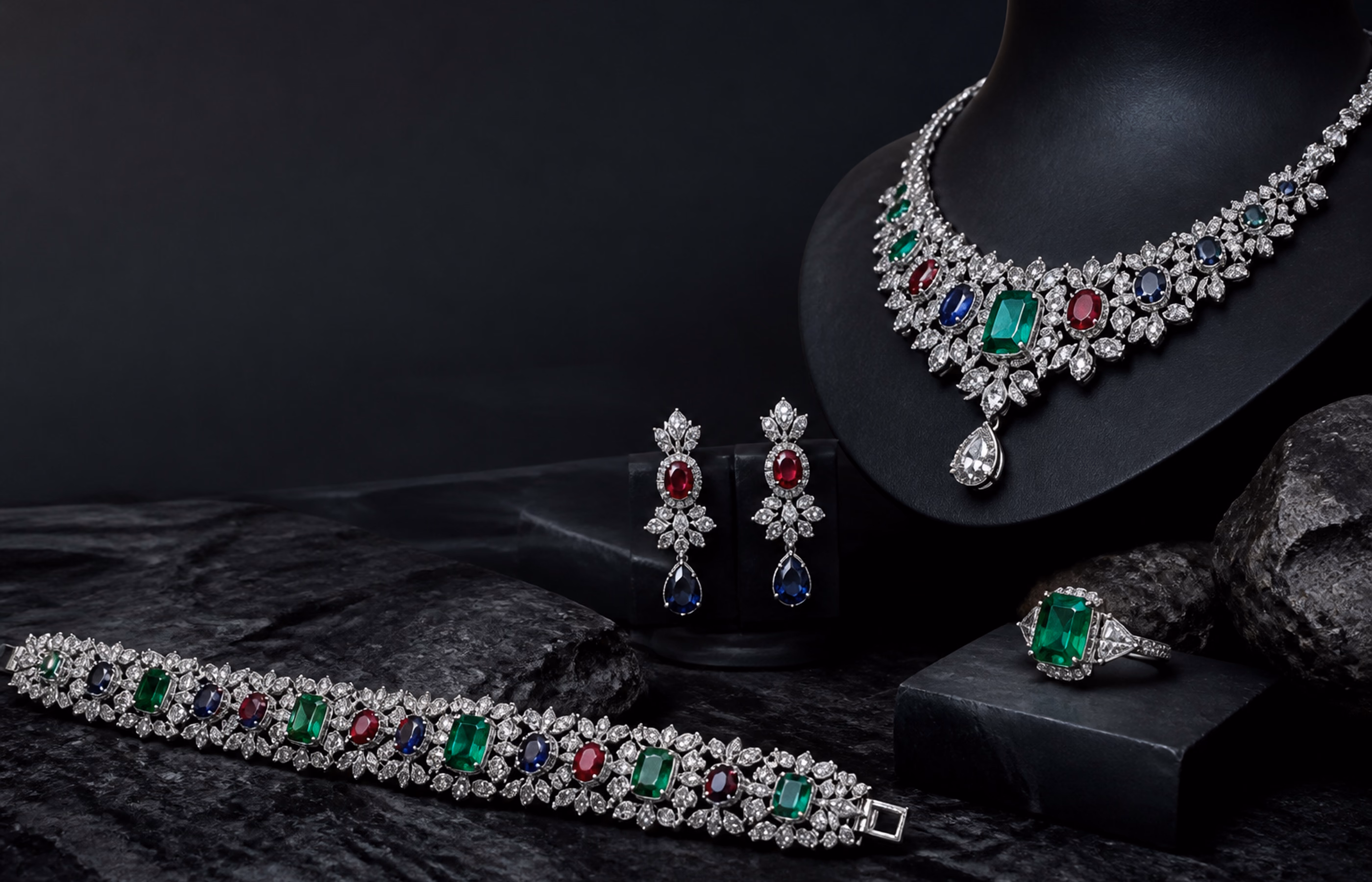 Private presentation of diamonds and colored gemstones across several jewelry forms.