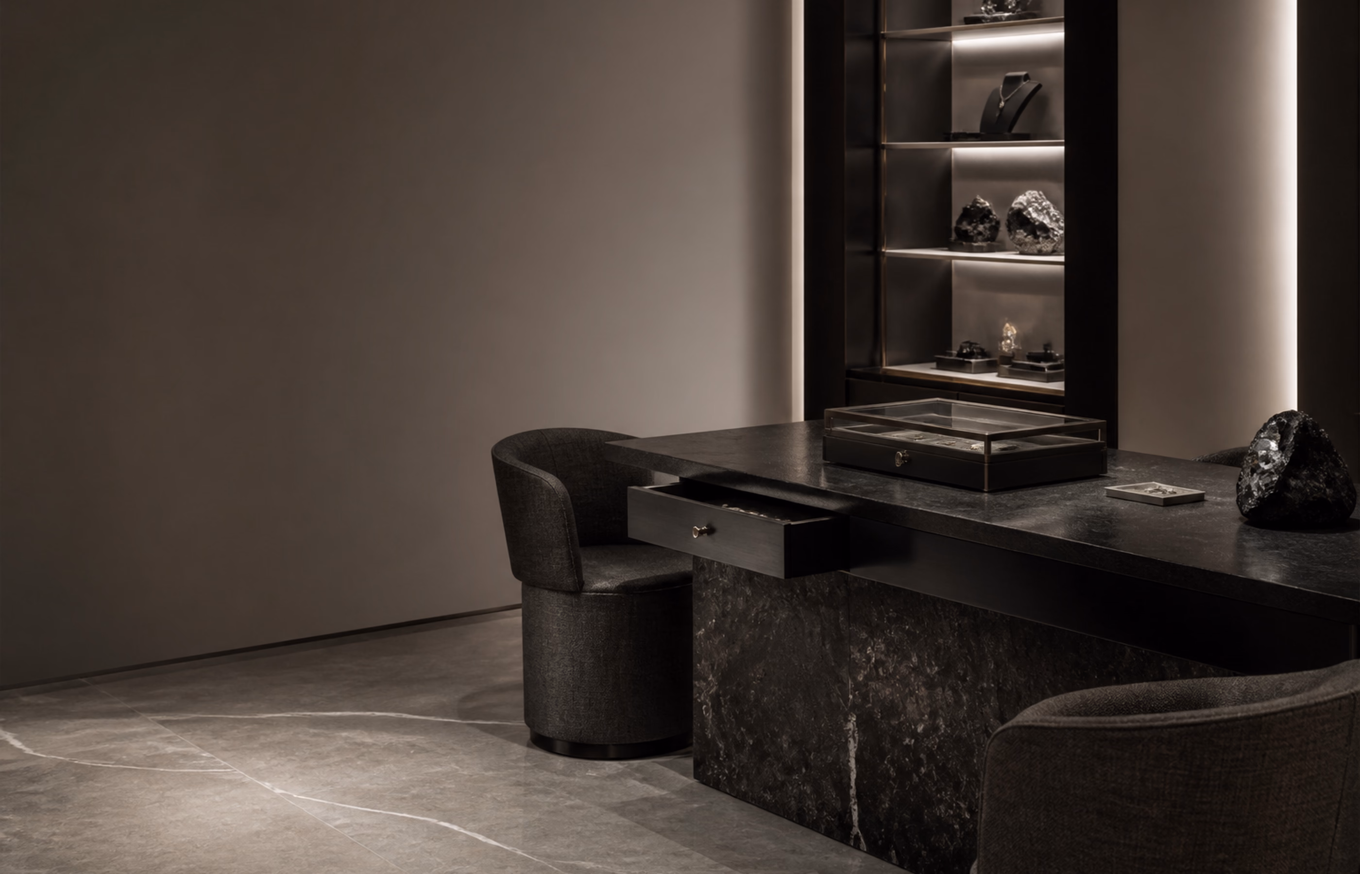 A quiet private presentation room with clear space for a confidential enquiry.