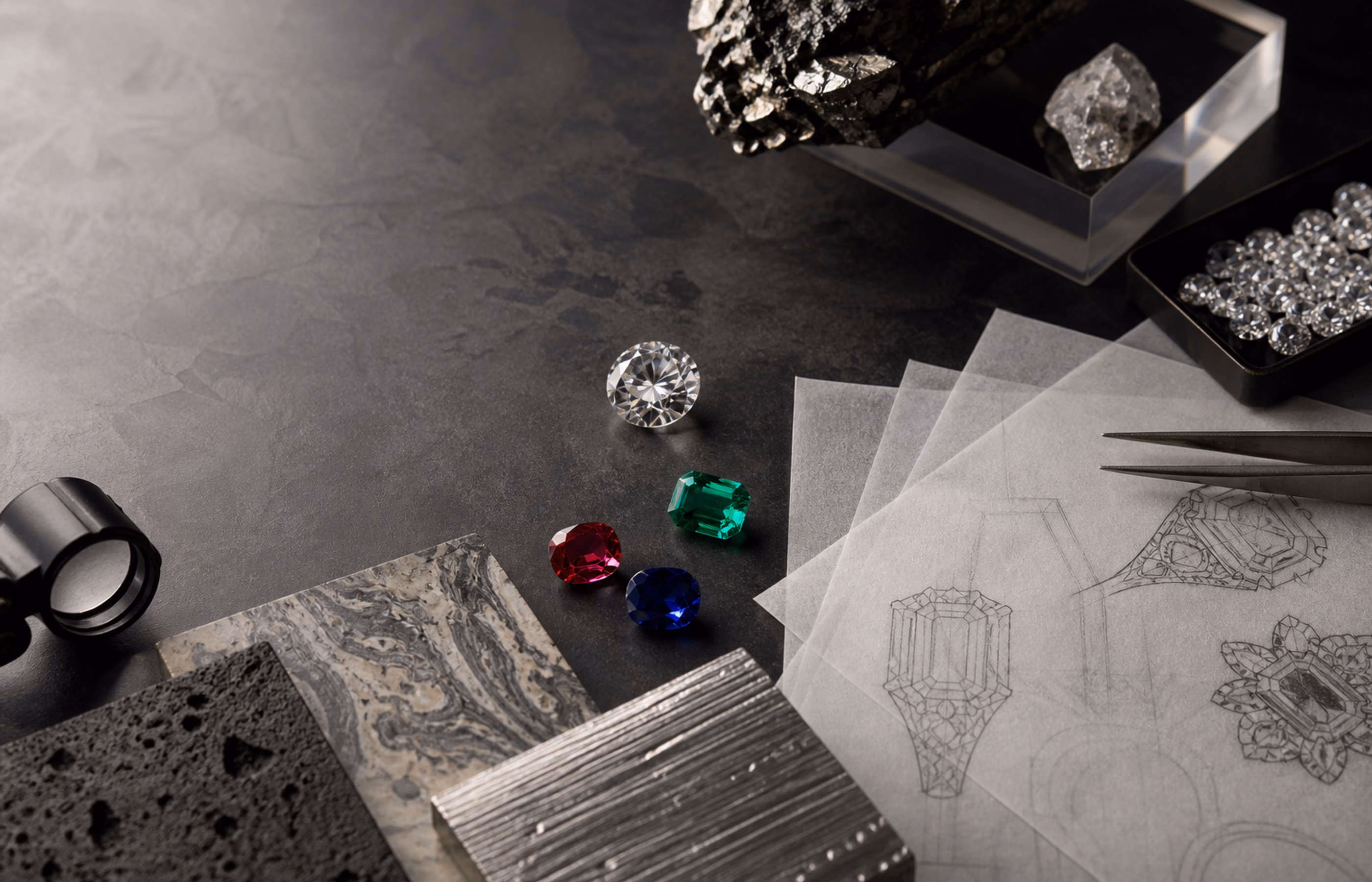 Gemstone studies and design drawings arranged for editorial reading.
