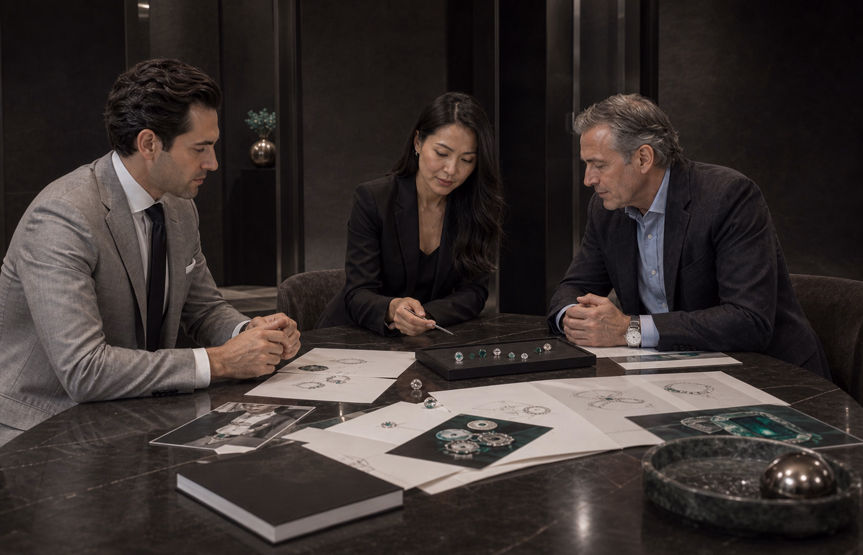 Designers and a client discussing gemstones, references, and drawings at a private table.