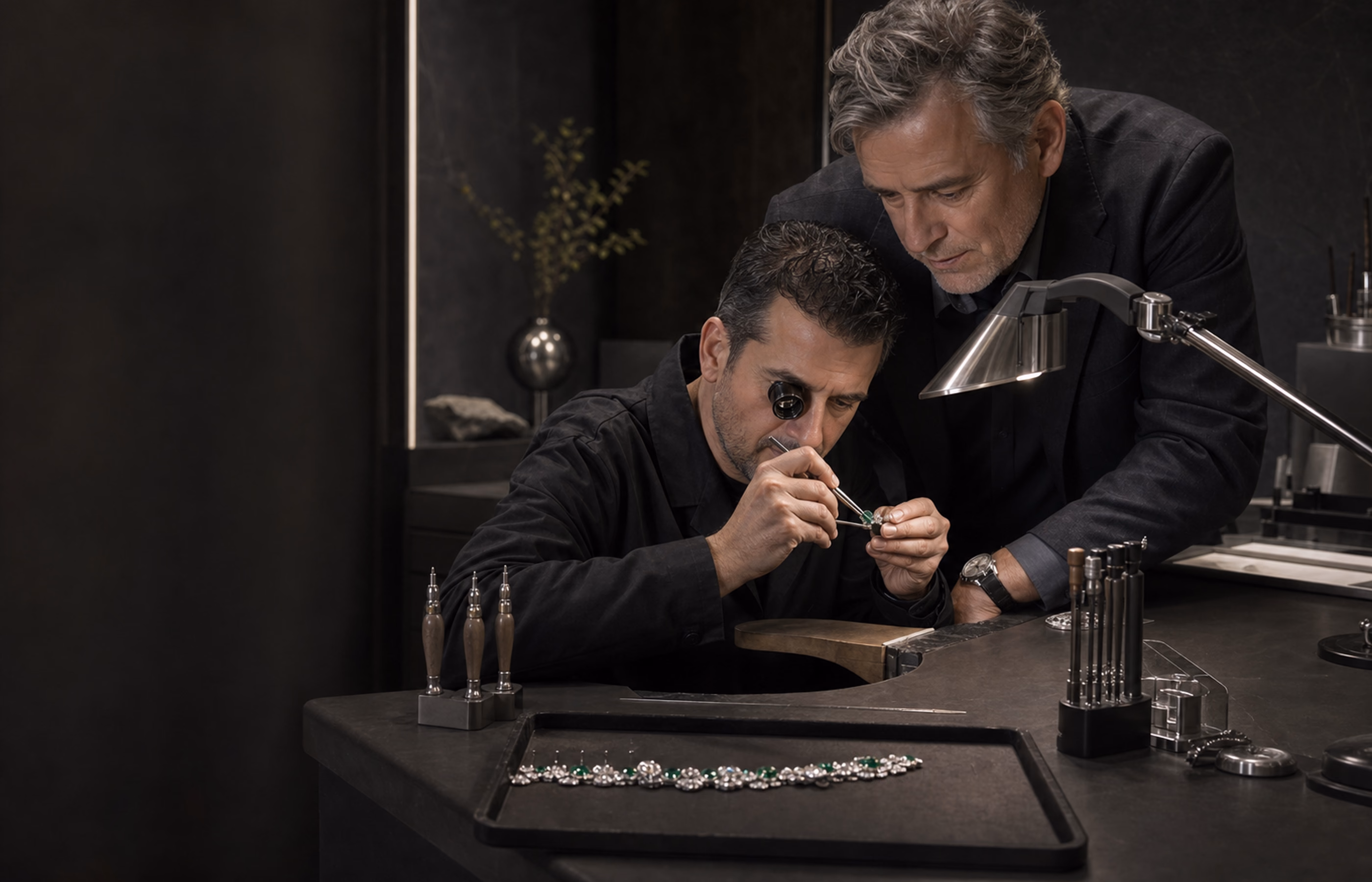 A senior team member supervising gemstone setting and final inspection at an atelier bench.