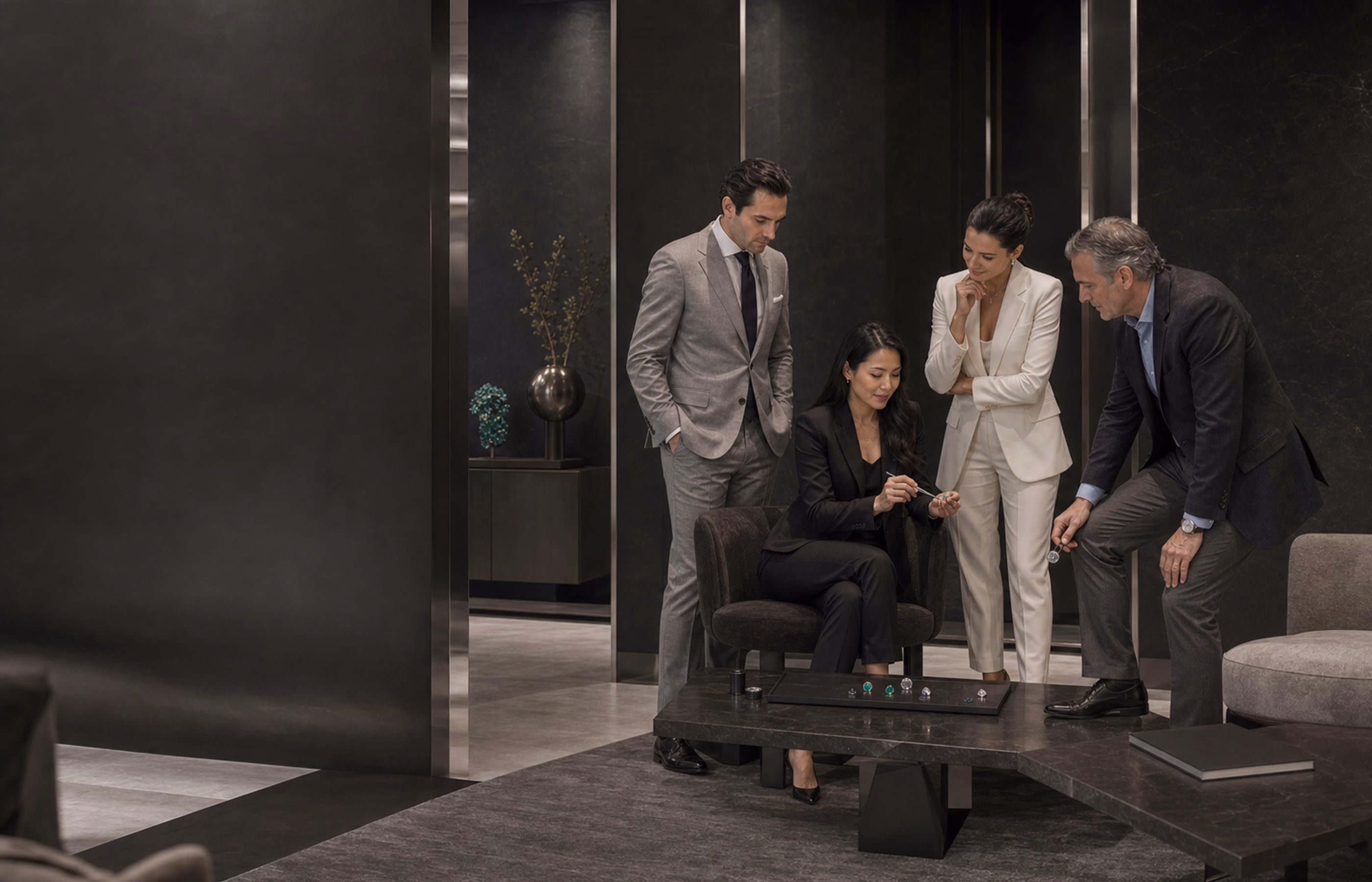 A visible professional jewelry team together in a private architectural salon.