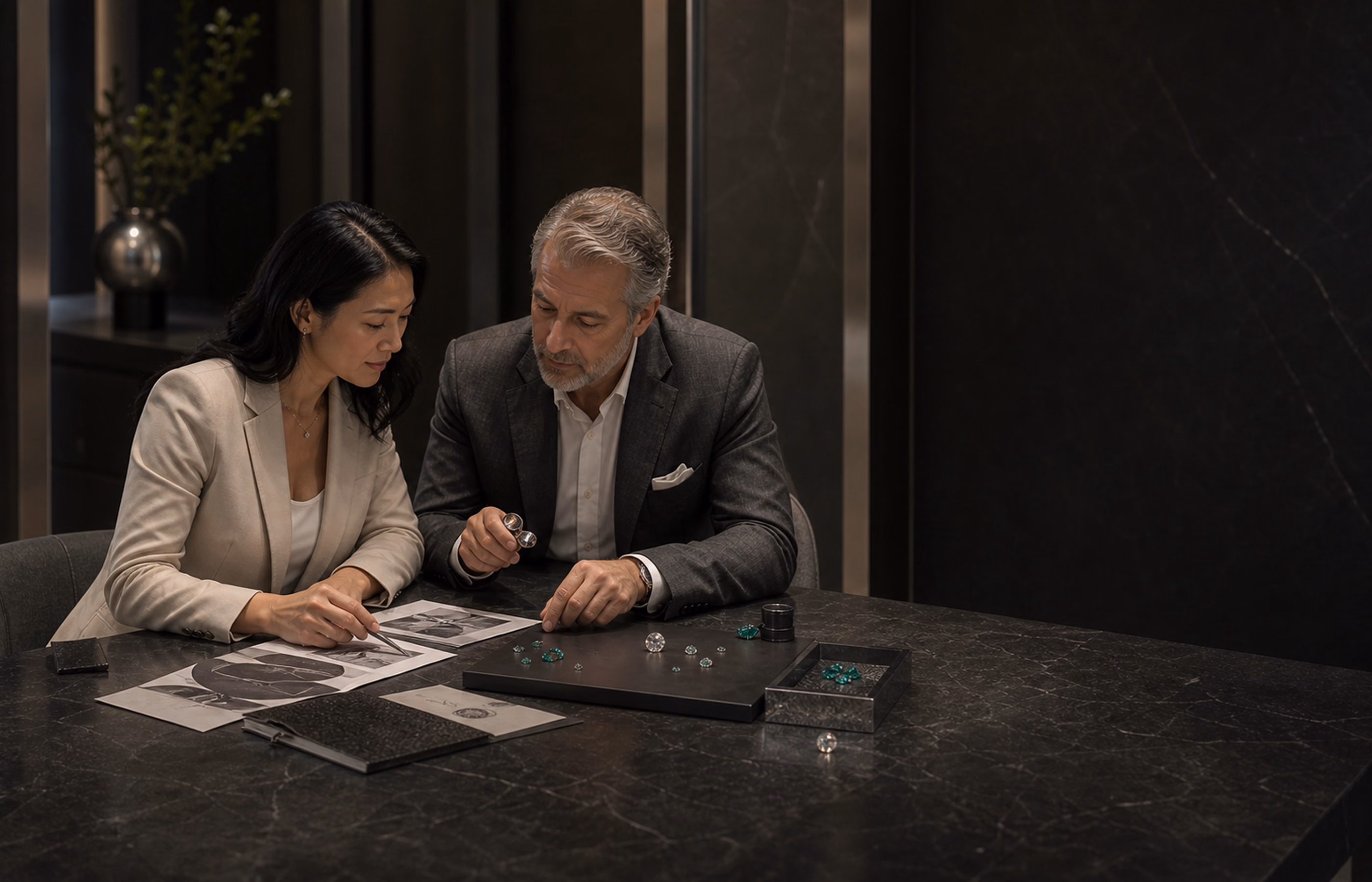A jewelry consultant and client reviewing references and loose gemstones at a mineral table.