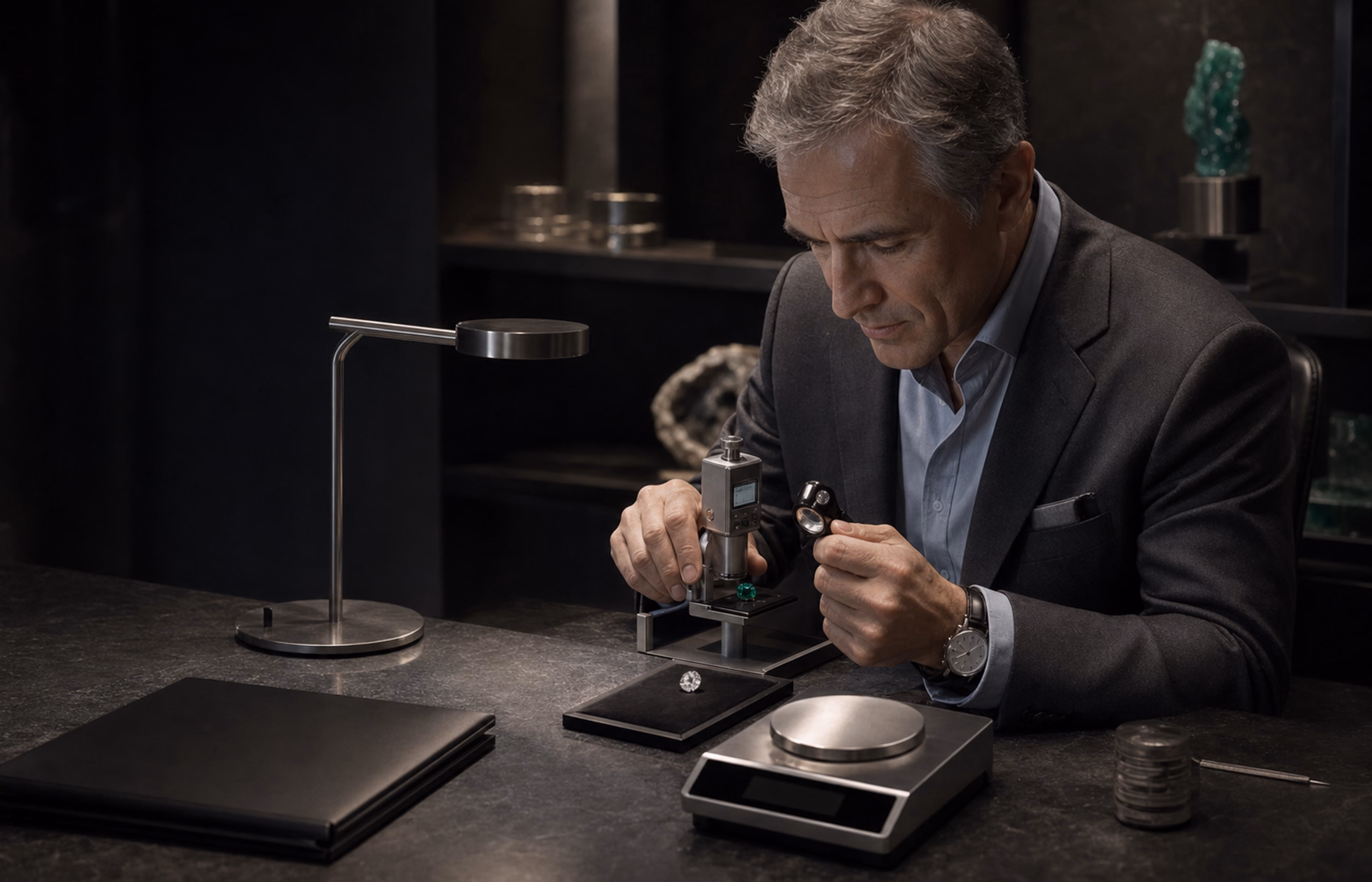 A gem specialist assessing a diamond and colored gemstone with calibrated instruments.