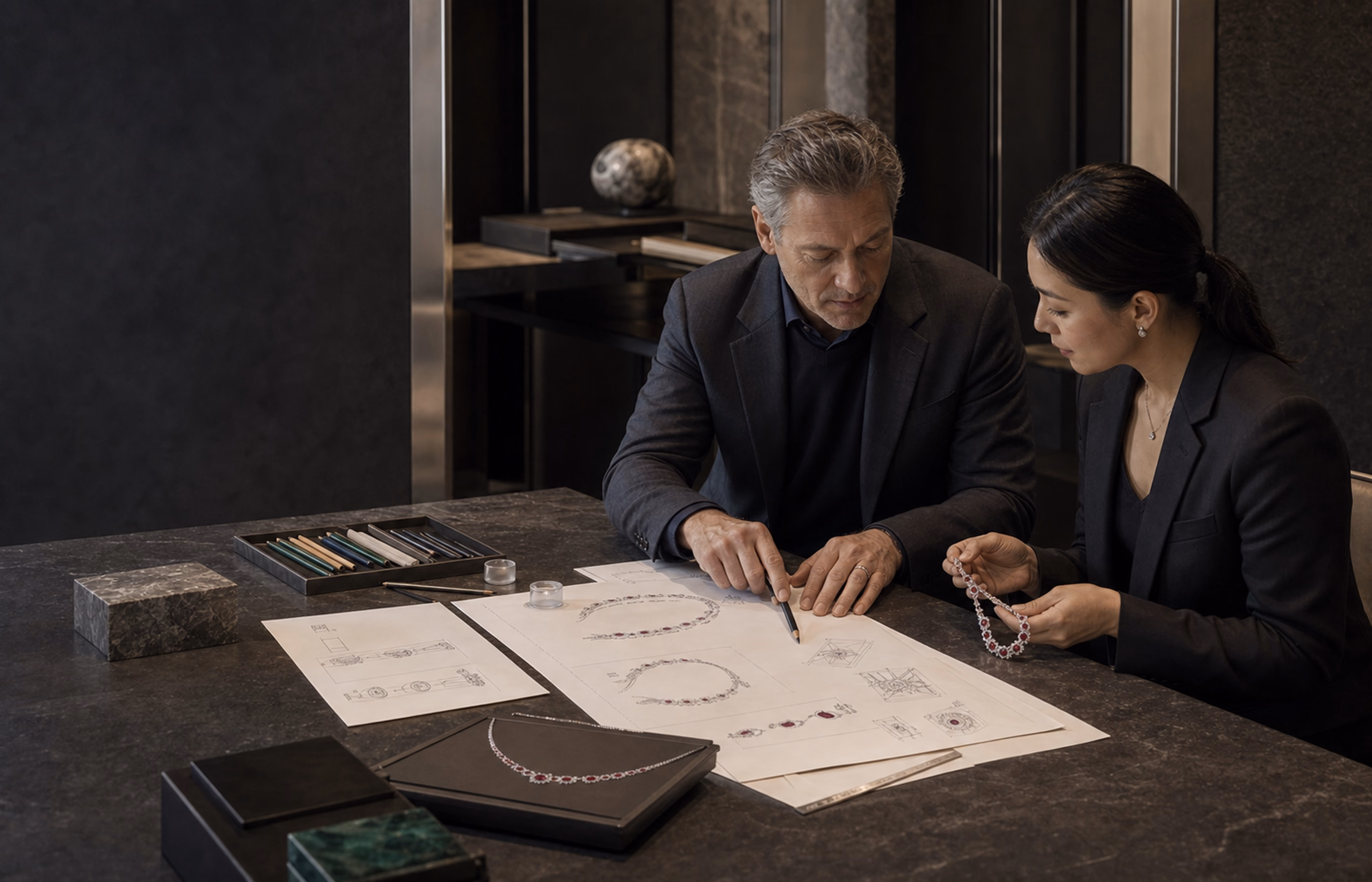 Two designers reviewing technical drawings, proportion studies, and a jewelry model.