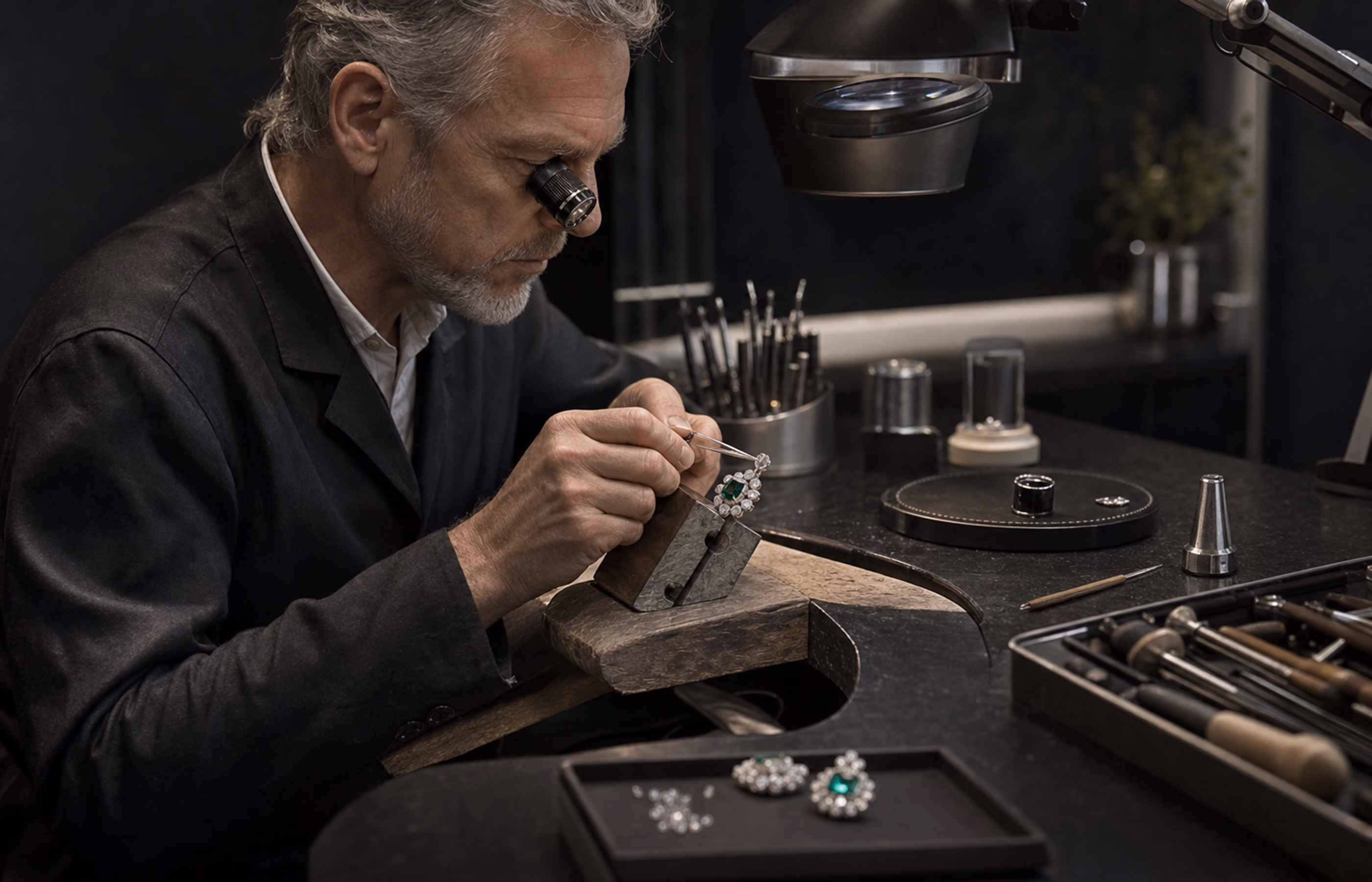 A senior jeweler setting and finishing an emerald and diamond piece at the bench.
