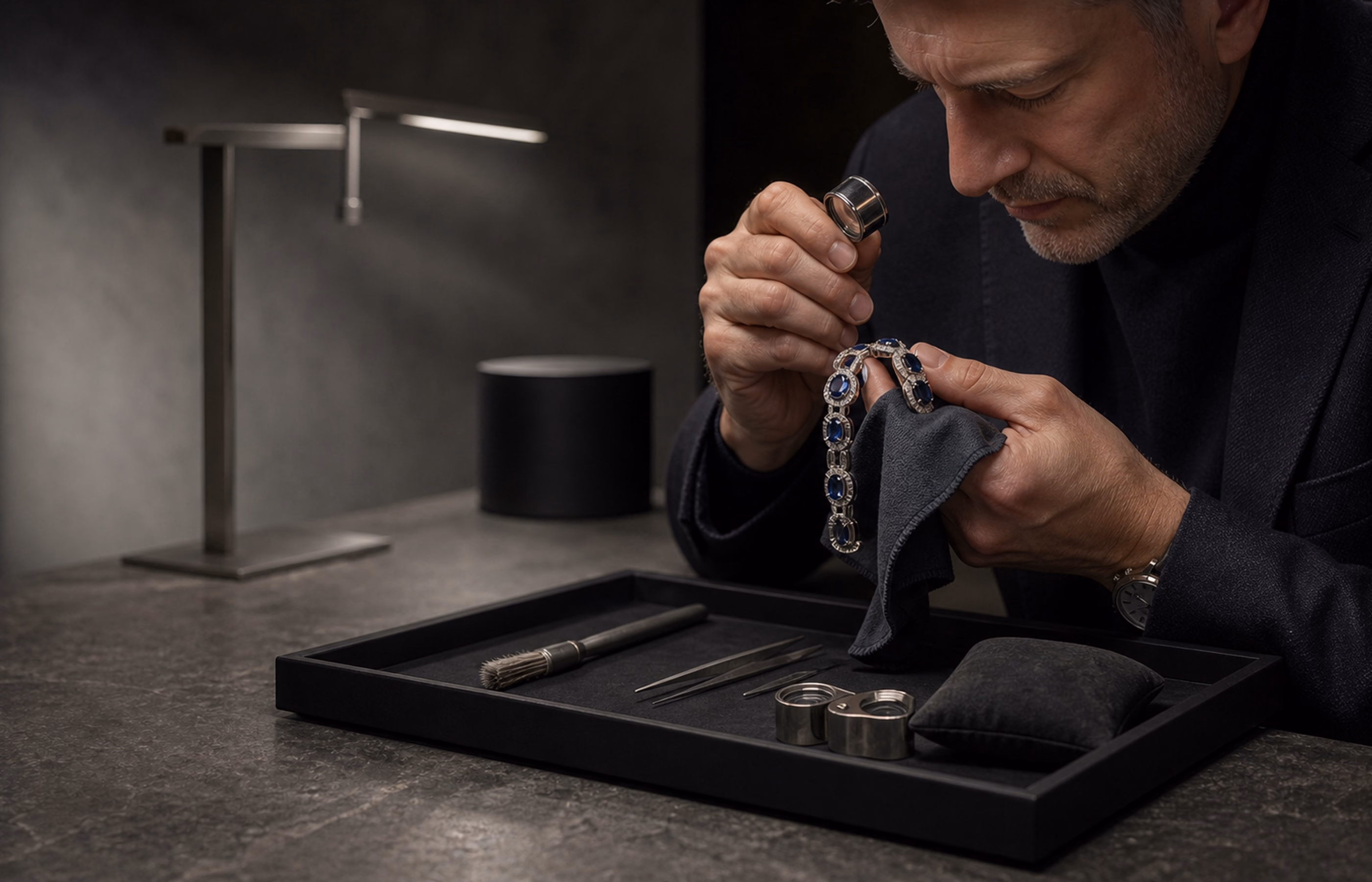 A specialist inspecting and cleaning a sapphire and diamond bracelet at a service tray.