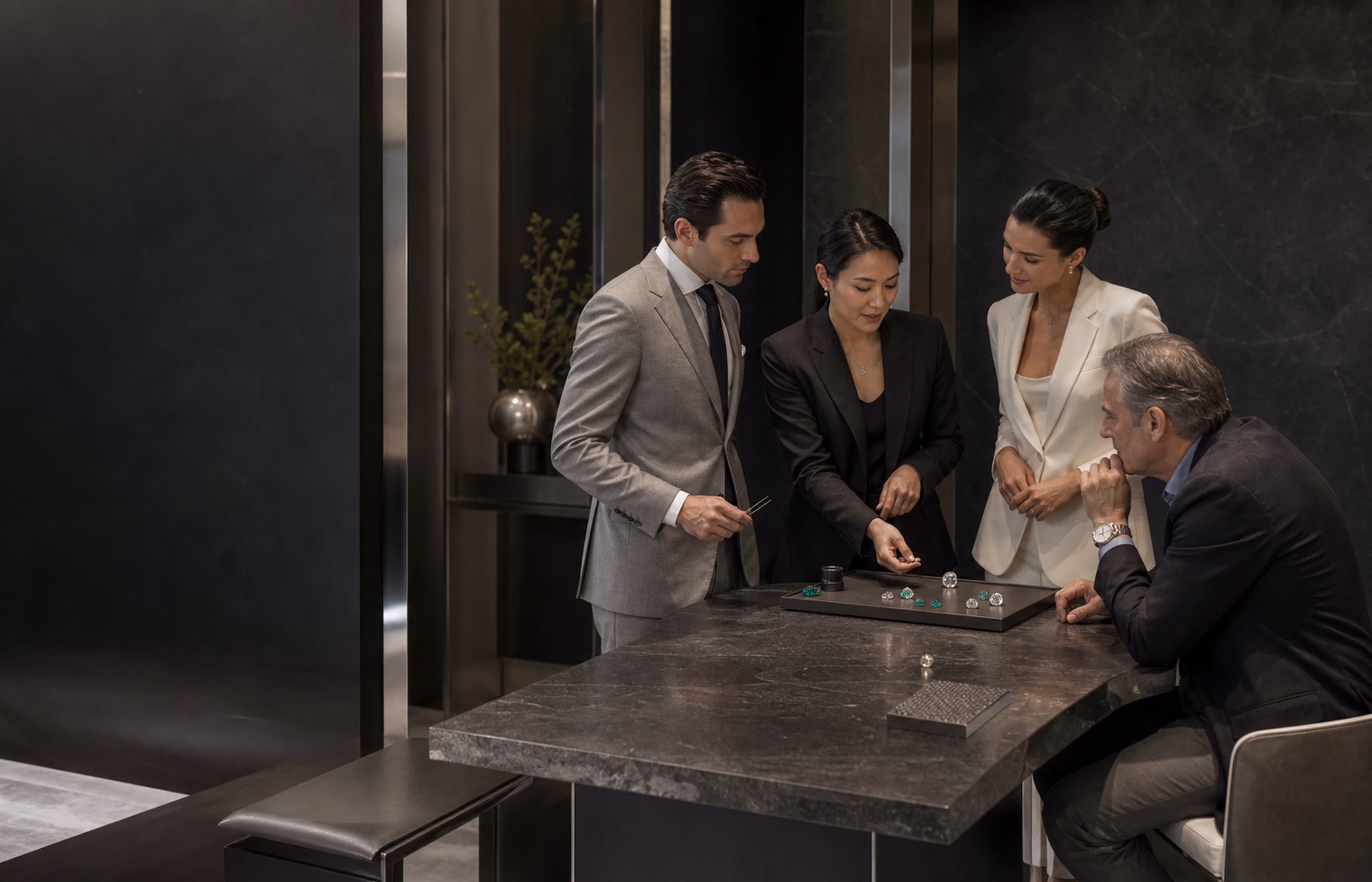 A professional jewelry team and client gathered around a gemstone presentation table in a private salon.