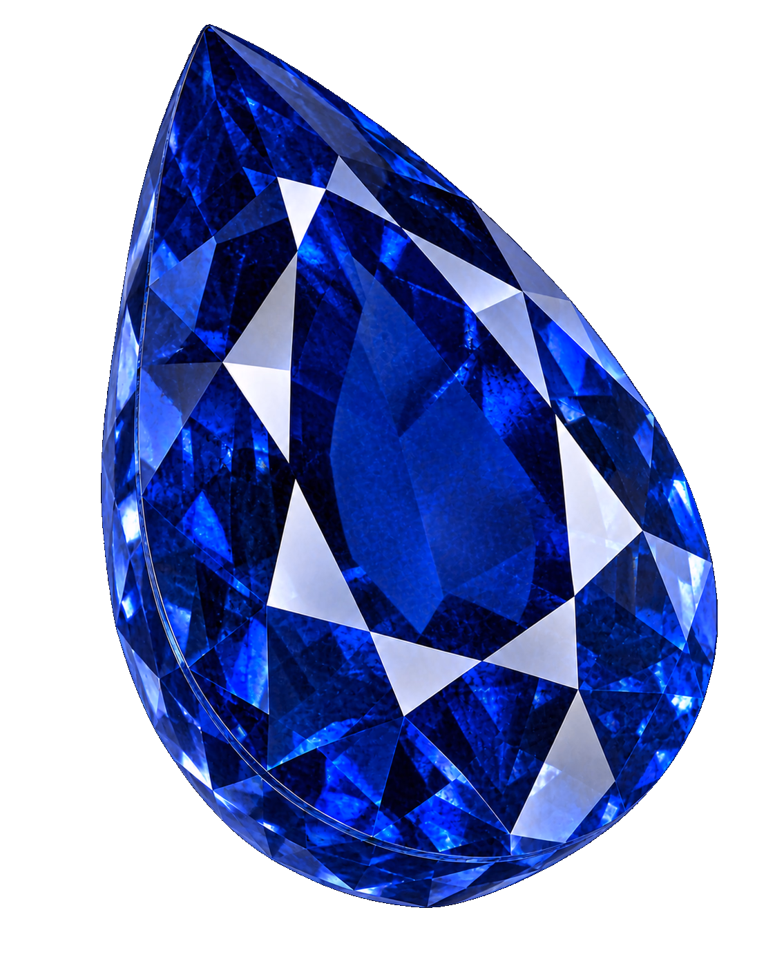 A clean pear-cut sapphire viewed at a dimensional angle.